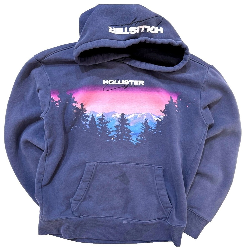 Hollister Pullover Hoodie Blue Sunset Mountain Graphic Mens Fleece Y2K Skater S